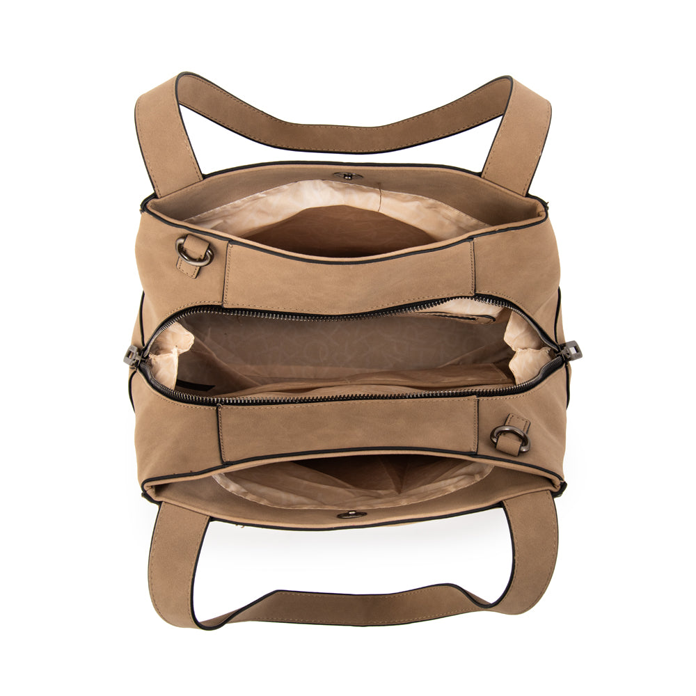 Cartera tote tres divisiones maya grande taupe