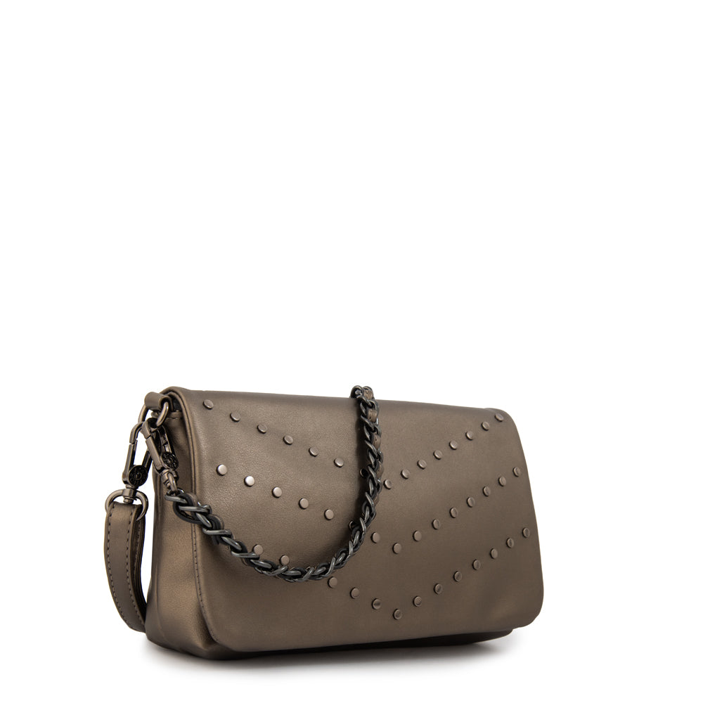 Cartera bandolera con tapa huber mediana plateado oscuro
