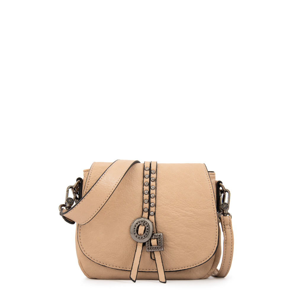 Cartera bandolera con tapa indonesia pequeña beige oscuro