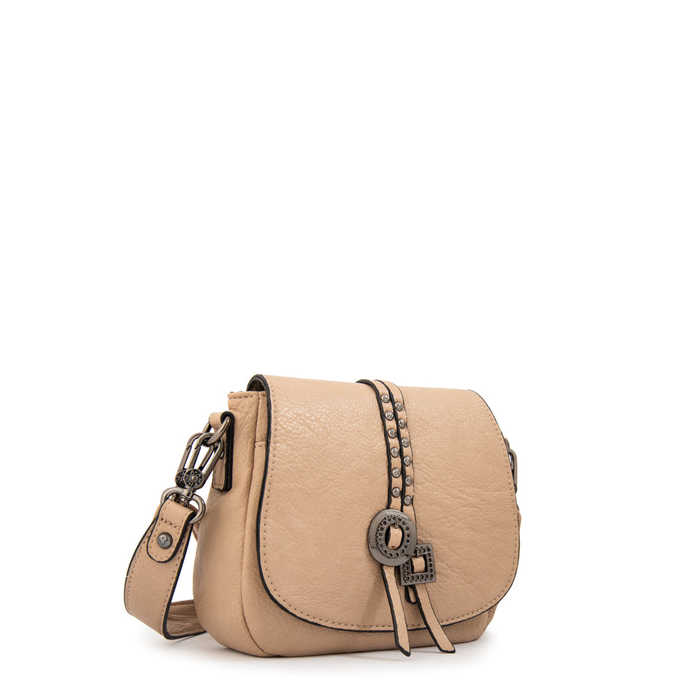 Cartera bandolera con tapa indonesia pequeña beige oscuro