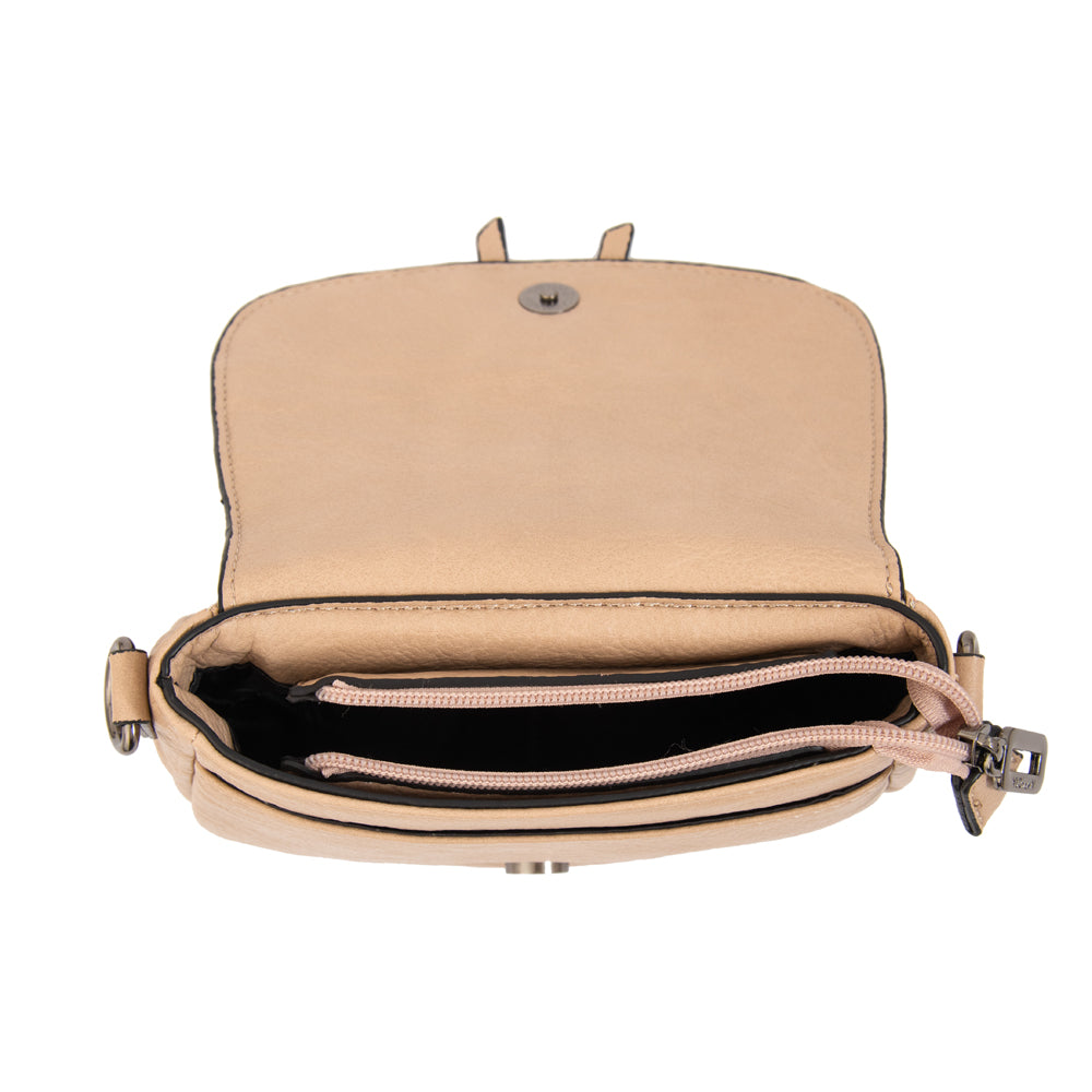 Cartera bandolera con tapa indonesia pequeña beige oscuro