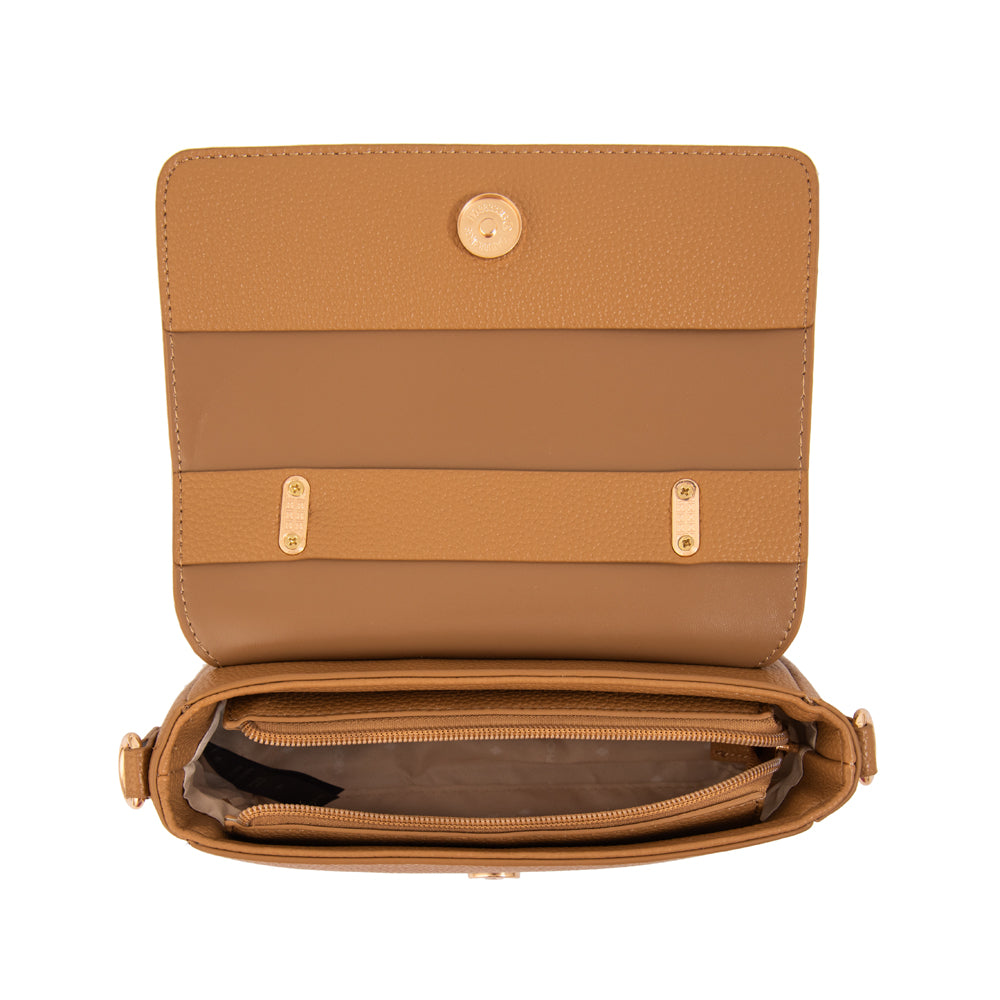 Cartera bandolera con tapa rosy pequeña camel