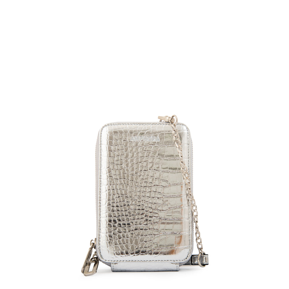 Cartera bandolera porta celular boga pequeña plateado