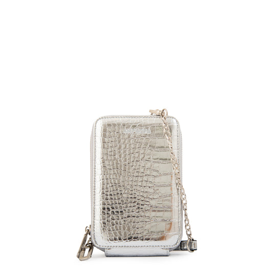 Cartera Bandolera porta celular boga pequeña plateado