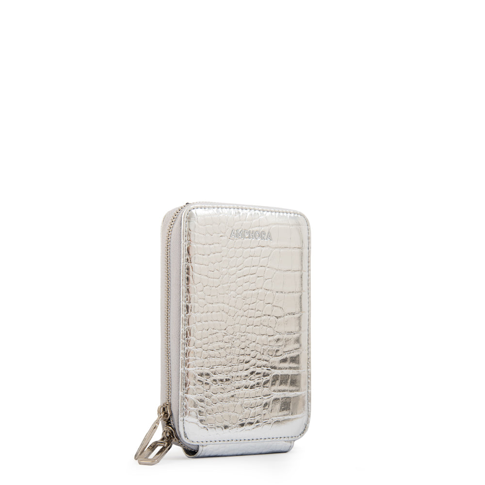 Cartera bandolera porta celular boga pequeña plateado