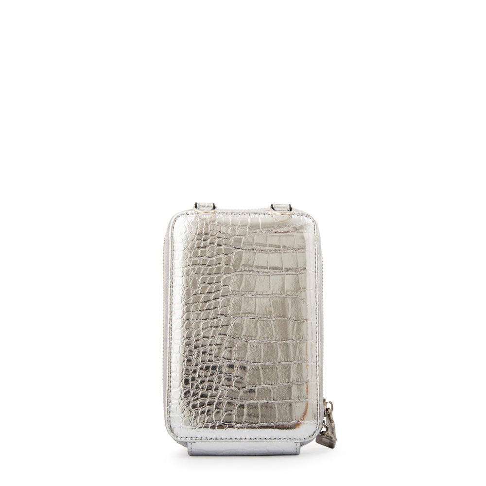 Cartera bandolera porta celular boga pequeña plateado