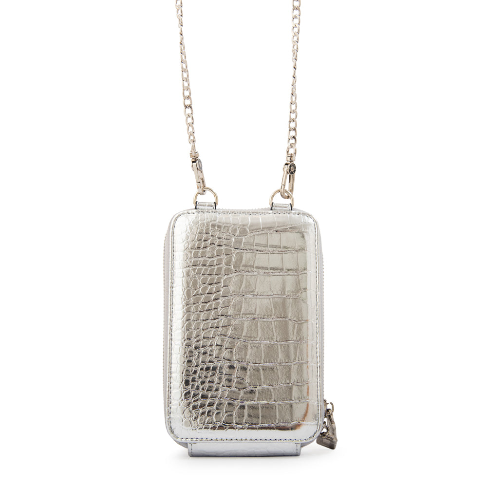 Cartera bandolera porta celular boga pequeña plateado