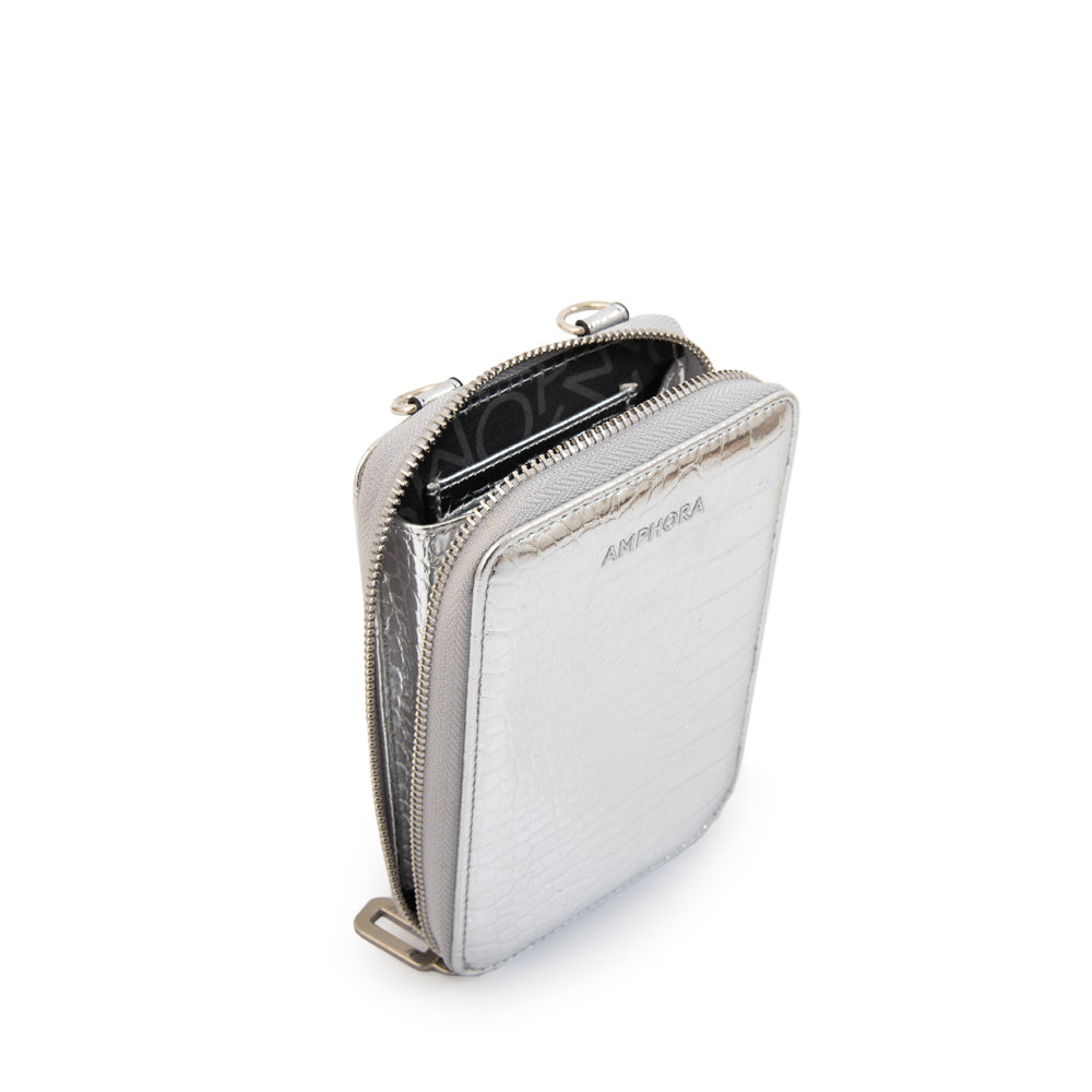 Cartera bandolera porta celular boga pequeña plateado